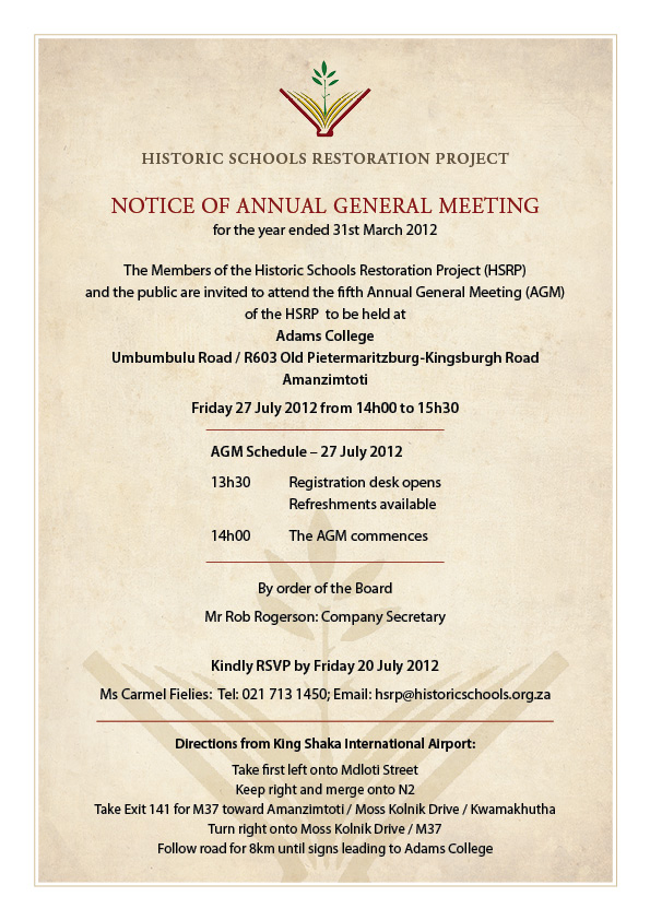 Click the image for a view of: Notice of HSRP Annual General Meeting - 27 July 2012